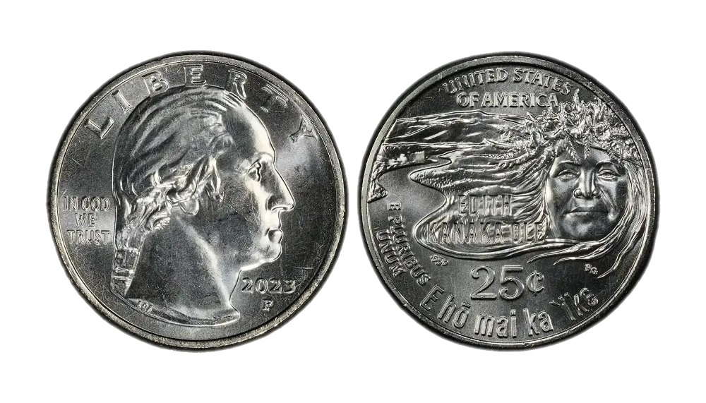 2023-P Edith Kanakaole quarter: normal coin (left) vs clashed die error showing ghost 'EDITH' lettering on Washington's portrait (right)