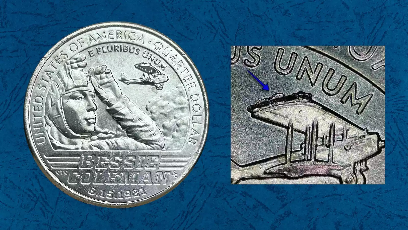 2023-P Bessie Coleman quarter reverse showing die chip blob of raised metal on the airplane right wing
