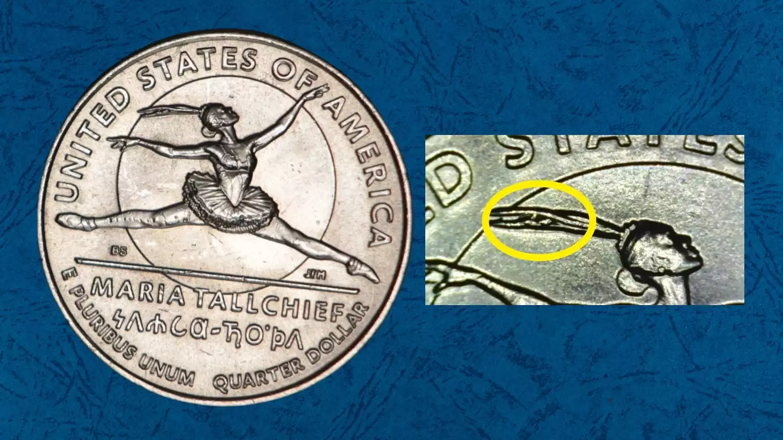 2023-D Maria Tallchief quarter reverse showing die chip extra feather blob near the headdress feathers