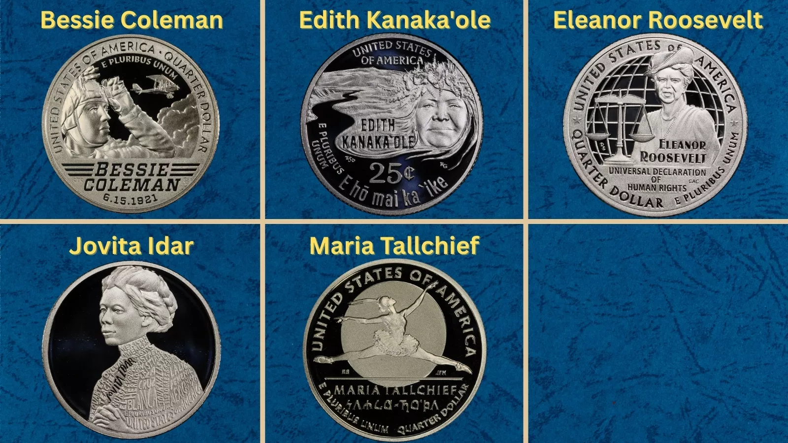 All five 2023 American Women Quarter designs: Bessie Coleman, Edith Kanakaole, Eleanor Roosevelt, Jovita Idar, and Maria Tallchief