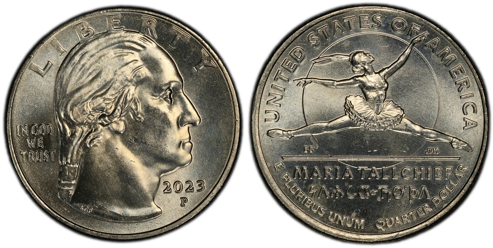 2023 quarter grading strip showing four condition examples from worn Good through circulated AU to uncirculated Mint State to Gem MS67+